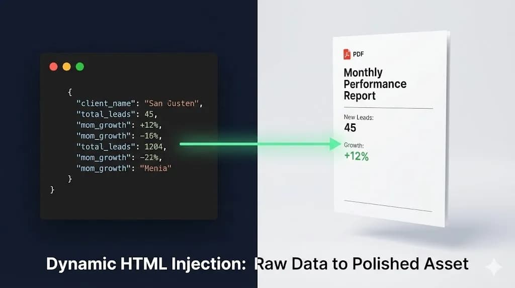 Split screen showing raw JSON data converting into a beautiful HTML PDF report via n8n by Alfaz Mahmud Rizve