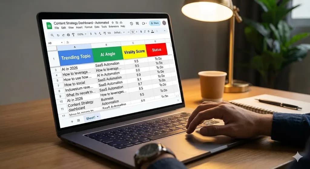 The final automated content research dashboard in Google Sheets showing AI-enriched topics by Alfaz Mahmud Rizve for agencies.