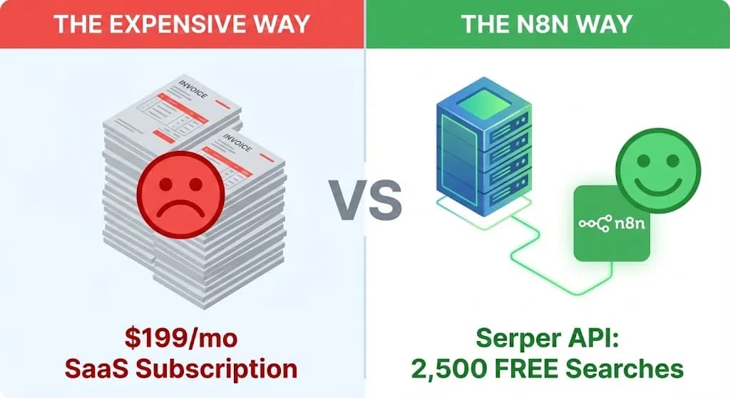 Cost comparison infographic showing expensive expensive SEO software subscriptions versus the free automated rank tracker tool using n8n and the Serper.dev API.