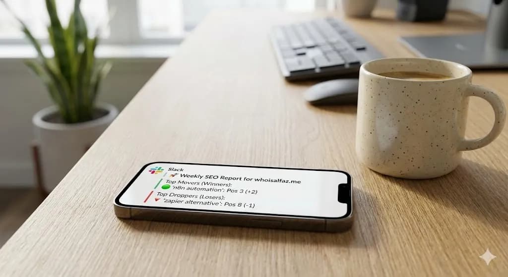The final automated weekly SEO report summary delivered via Slack notification on a smartphone, showing keyword position changes.
