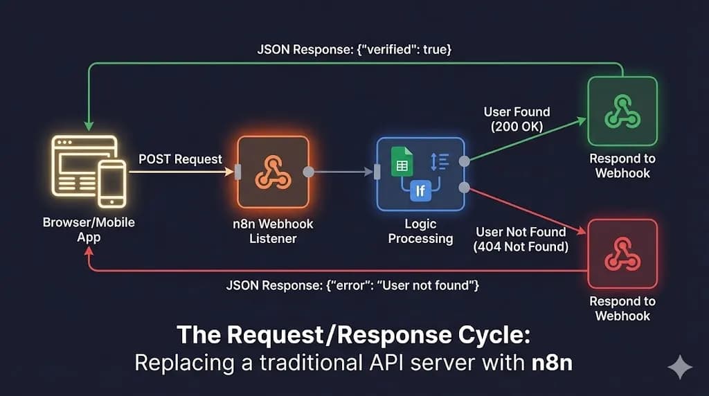 Architecture diagram showing a client sending a POST request to n8n, which processes logic and returns a JSON response — how to build an API with n8n by Alfaz Mahmud Rizve