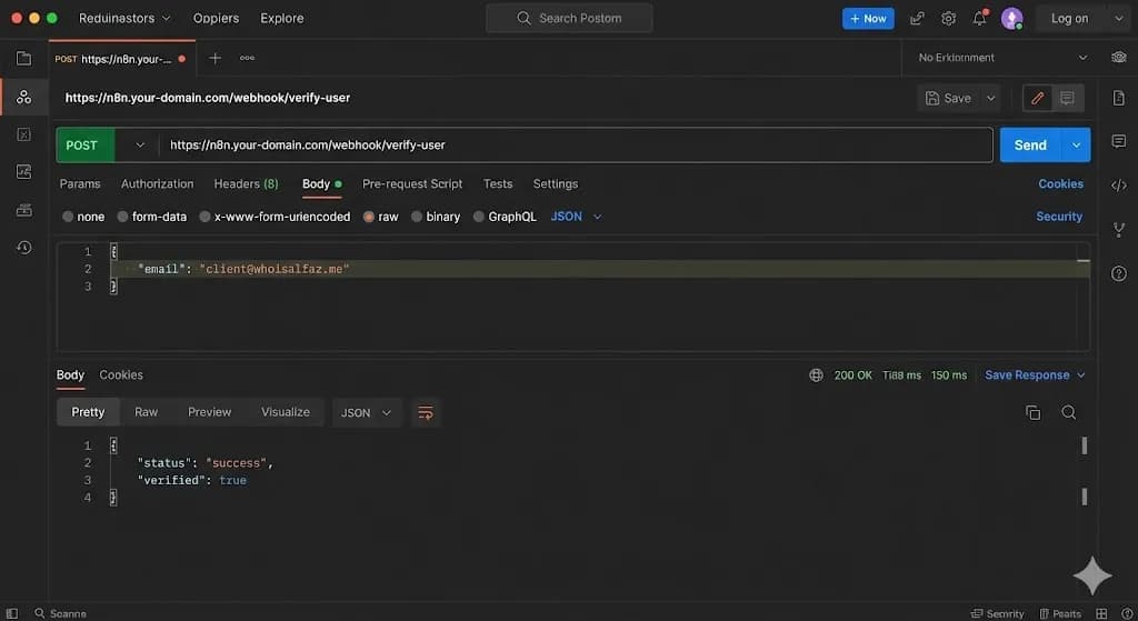 Postman interface showing a POST request to the n8n webhook and a clean JSON response — how to build an API with n8n by Alfaz Mahmud Rizve