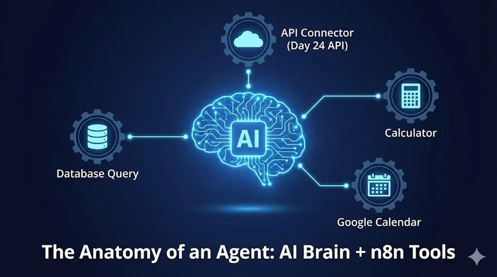 Diagram showing an AI Brain icon connected to multiple Tool icons (Database, API, Calculator) via n8n by Alfaz Mahmud Rizve
