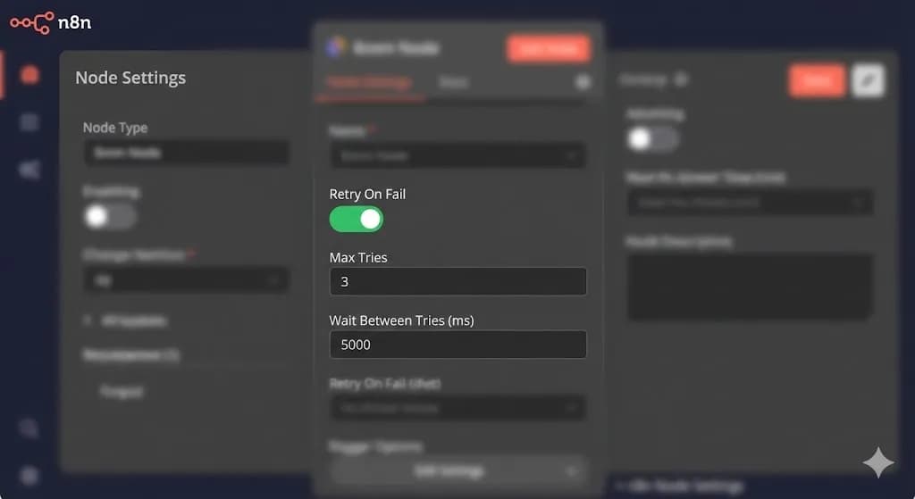 n8n Node Settings panel showing the Retry on Fail configuration to prevent false positive error alerts by Alfaz Mahmud Rizve