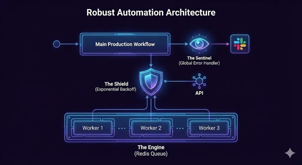 A technical blueprint diagram illustrating the three layers of an Agency-Grade n8n Production Workflow: The Sentinel, The Shield, and The Engine, designed by Alfaz Mahmud Rizve.
