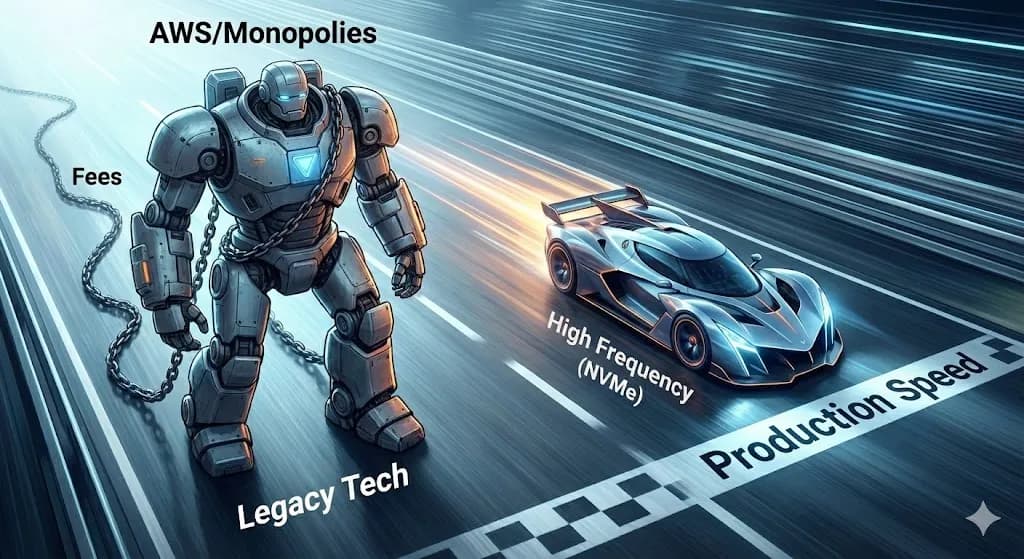 A metaphorical illustration comparing the slow, expensive infrastructure of cloud monopolies against the high-speed NVMe performance of Vultr for n8n production workflows, recommended by Alfaz Mahmud Rizve.