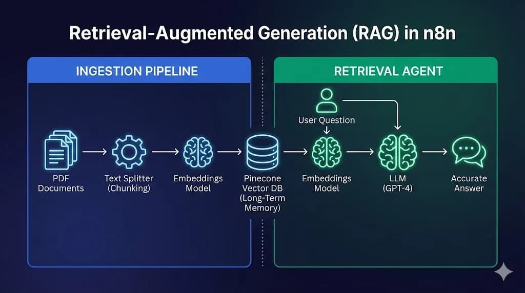 Architecture diagram showing two workflows: Ingestion (PDF to Vector DB) and Retrieval (User Question to Vector DB to AI Answer) — n8n RAG Tutorial by Alfaz Mahmud Rizve