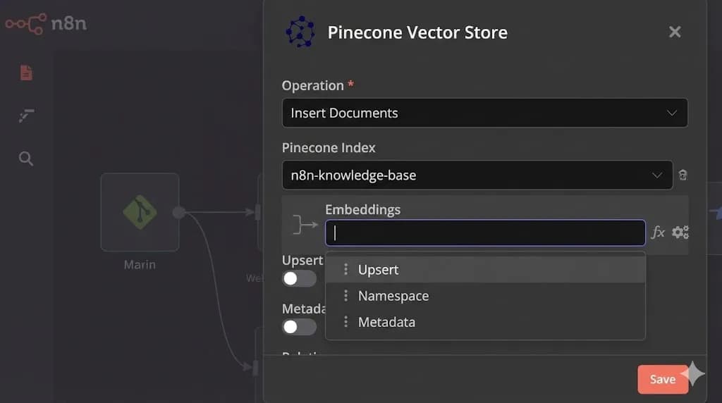 n8n screenshot showing the Pinecone Vector Store node correctly configured for inserting documents with OpenAI embeddings — n8n RAG Tutorial by Alfaz Mahmud Rizve