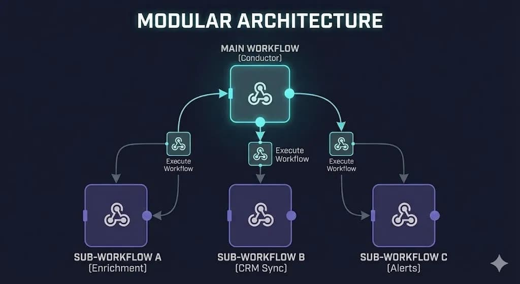 Modular n8n sub-workflow architecture diagram for scalable agency automation built by Alfaz Mahmud Rizve