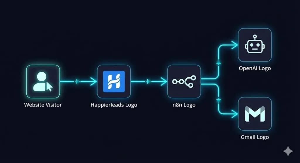 n8n automation workflow diagram showing how to automate B2B lead capture from Happierleads webhooks to cold email drafts..by alfaz mahmud rizve at whoisalfaz.me