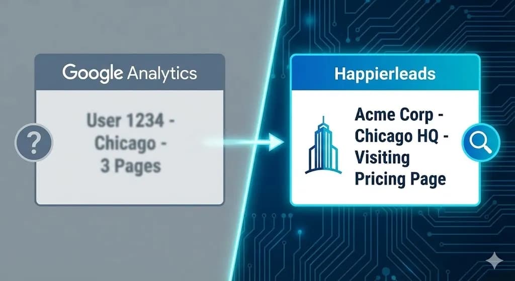Comparison of anonymous Google Analytics data versus Happierleads company identification, demonstrating outstanding ideas for B2B lead capture.by alfaz mahmud rizve at whoisalfaz.me