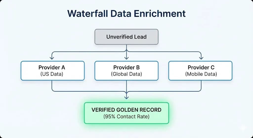 Waterfall enrichment logic diagram for outstanding ideas for B2B lead generation, explained by Alfaz Mahmud Rizve at whoisalfaz.me.