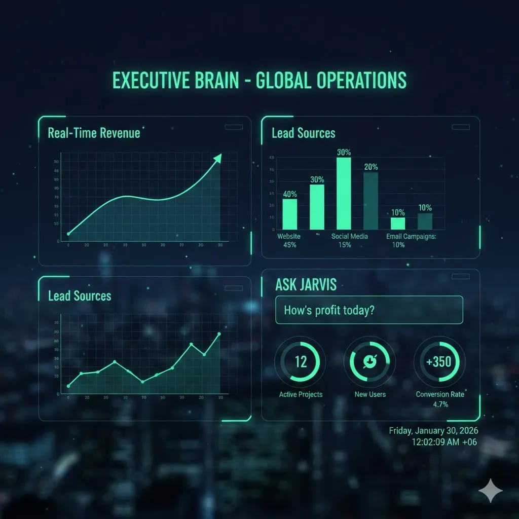 A futuristic dashboard representing the Executive Brain offer in the AI Automation Agency Business Model, displaying real-time business metrics and an AI chat interface — by Alfaz Mahmud Rizve