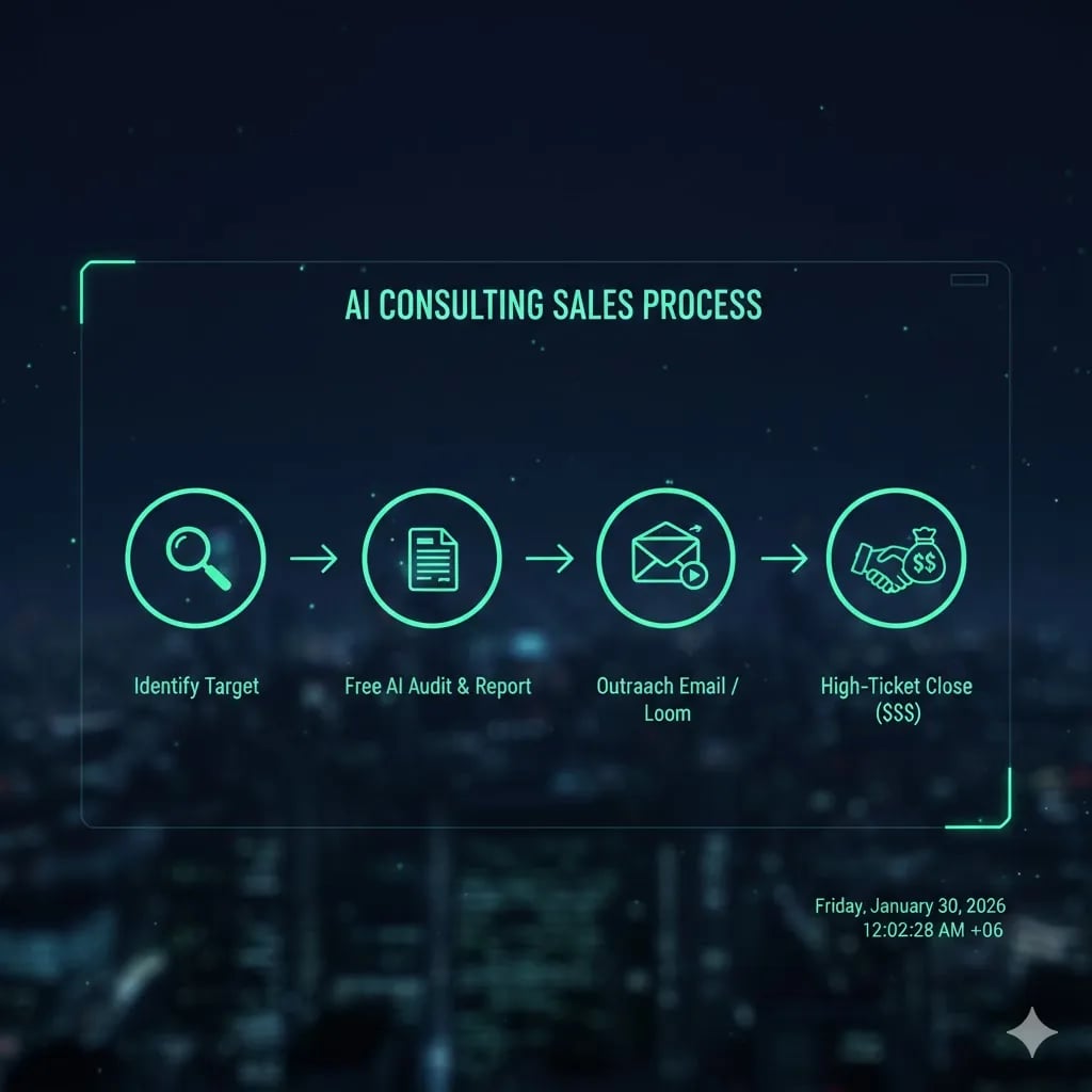 A flowchart showing the Client Acquisition Pipeline for an AI Automation Agency: Audit, Outreach, Demo, and High-Ticket Close — by Alfaz Mahmud Rizve