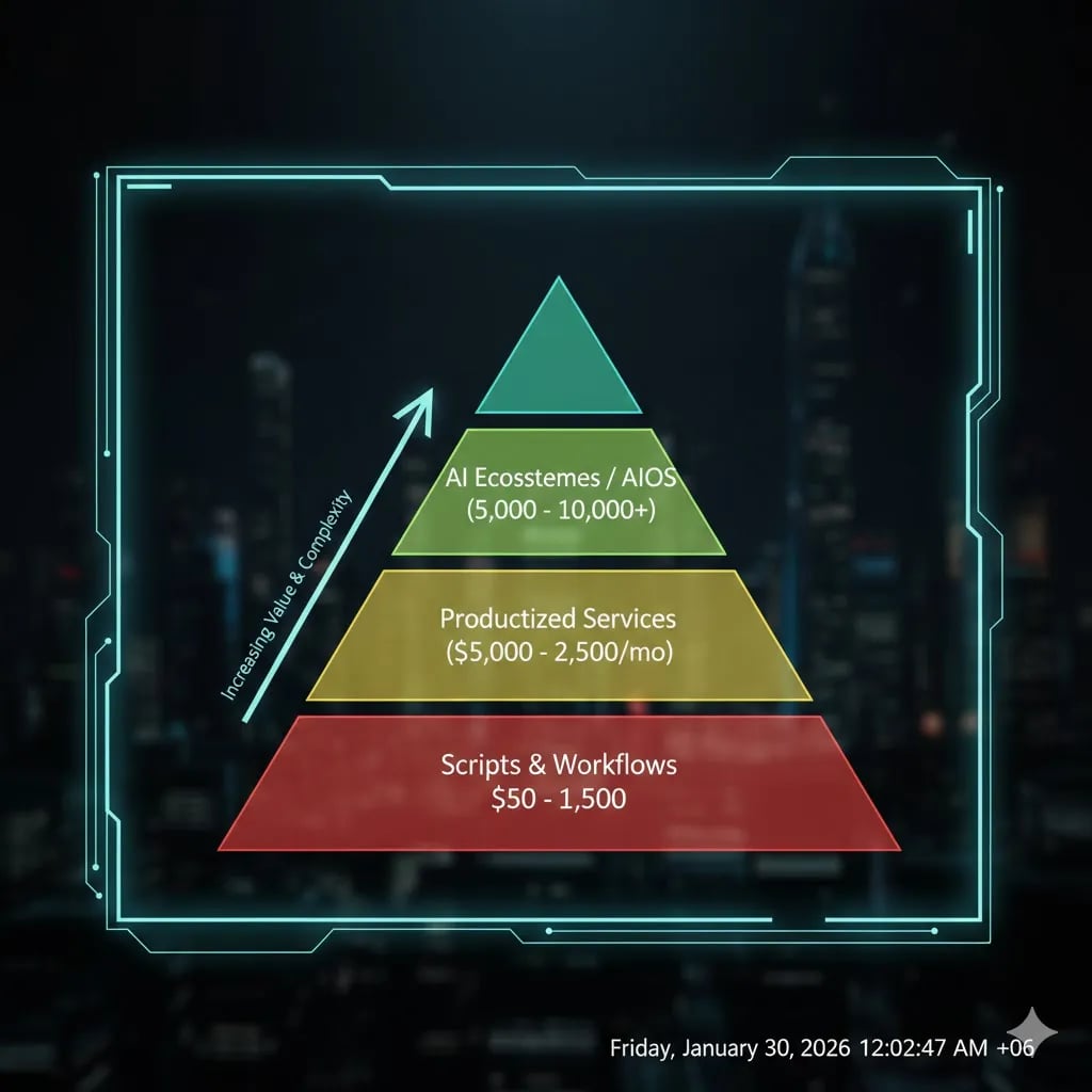 A pyramid infographic illustrating the AI Automation Agency Business Model from Low-Ticket Scripts to High-Ticket AI Ecosystems — by Alfaz Mahmud Rizve
