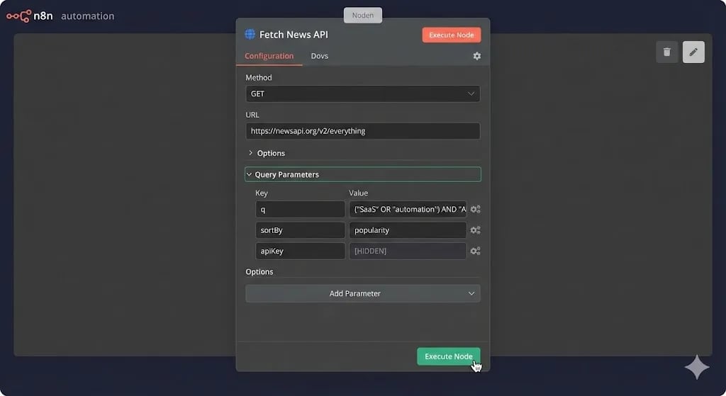Configuring the HTTP Request node for automated content research in n8n by Alfaz Mahmud Rizve.