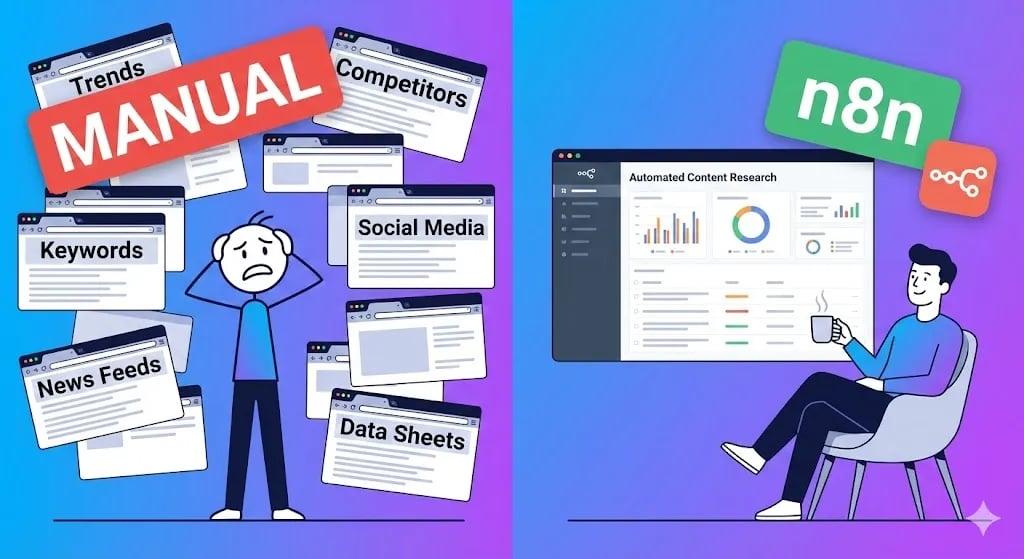 Comparison of stressful manual research vs automated content research workflows by Alfaz Mahmud Rizve for SaaS and agencies.