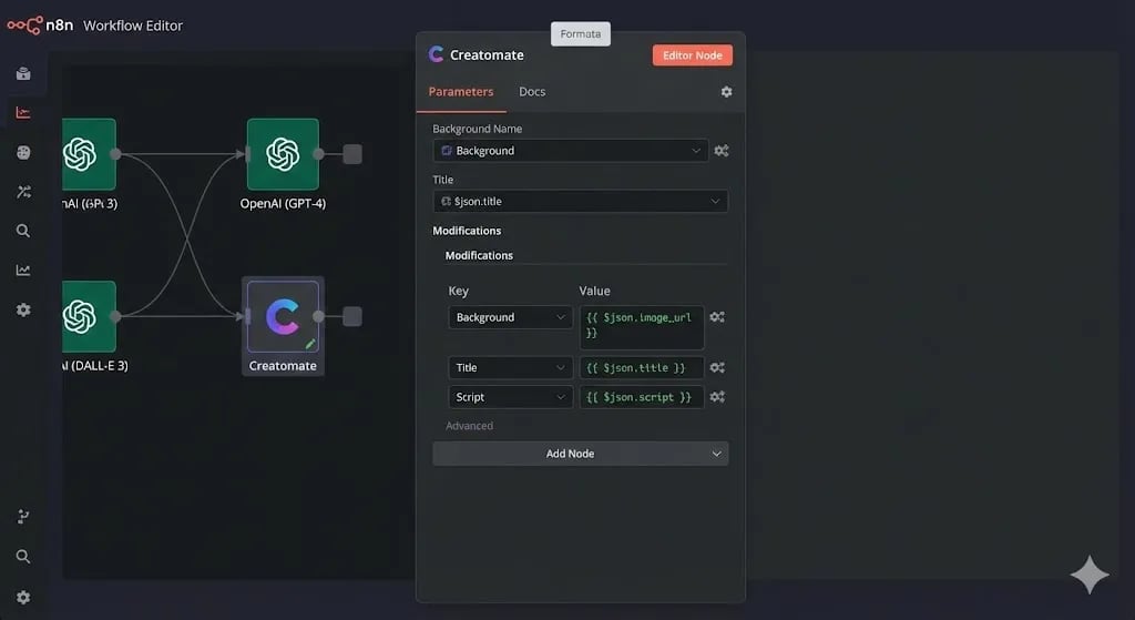 Screenshot of the Creatomate node in n8n showing the Modifications section where AI data is mapped to video template elements — Automated YouTube Shorts Generator by Alfaz Mahmud Rizve