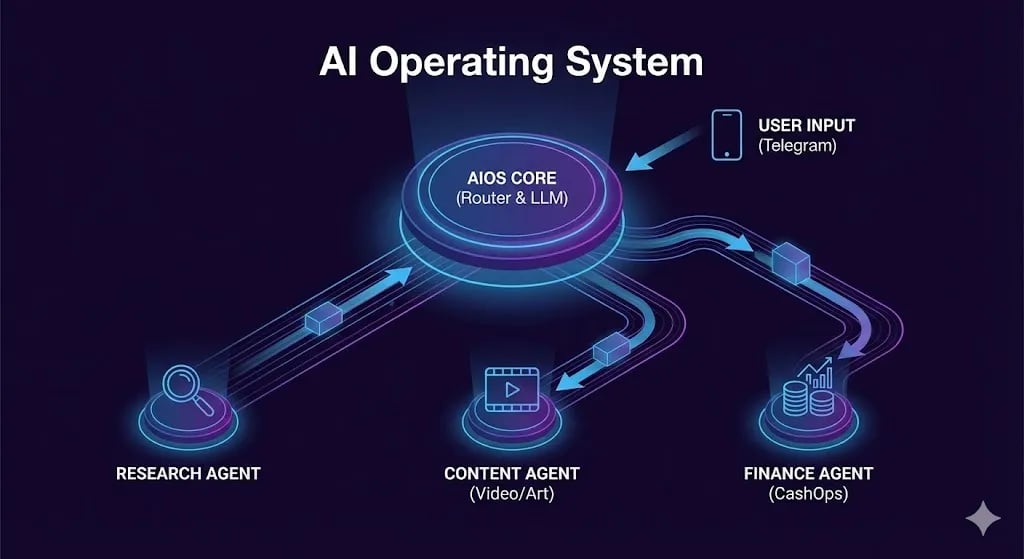 Neon-style architecture diagram of an AI Operating System showing a central Router Node connecting Telegram to Research, Content, and Finance agents — by Alfaz Mahmud Rizve