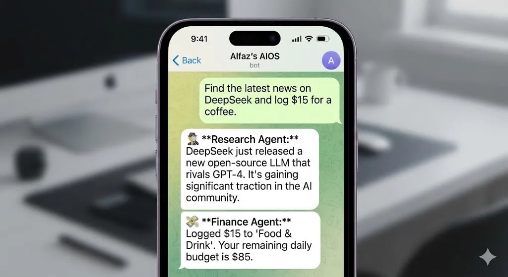 iPhone mockup showing a Telegram chat with the AIOS bot responding to a dual-intent message about research and finance simultaneously — by Alfaz Mahmud Rizve