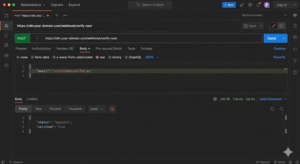 Postman interface showing a POST request to the n8n webhook and a clean JSON response — how to build an API with n8n by Alfaz Mahmud Rizve