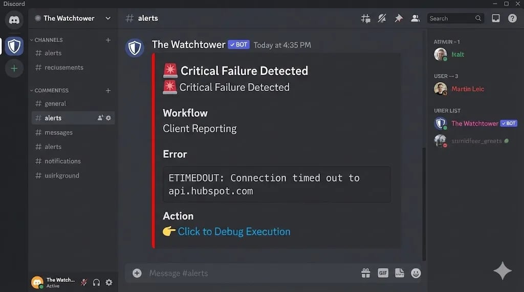 Screenshot of a Discord Rich Embed alert generated by the n8n global error handling Watchtower workflow by Alfaz Mahmud Rizve