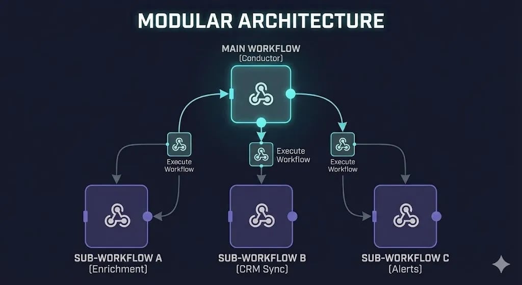 Modular n8n sub-workflow architecture diagram for scalable agency automation built by Alfaz Mahmud Rizve