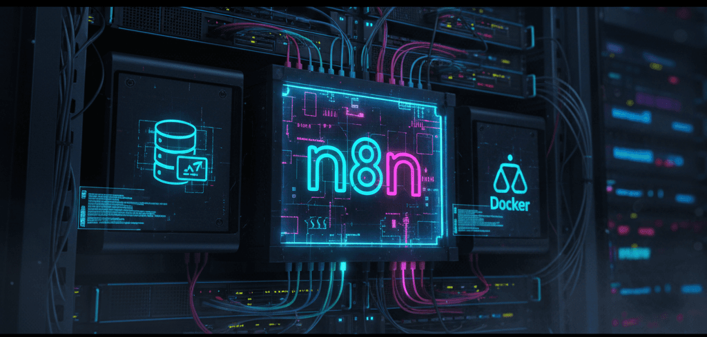 Self-hosted n8n server illustration from Alfaz Mahmud Rizve with Docker and database icons for full control