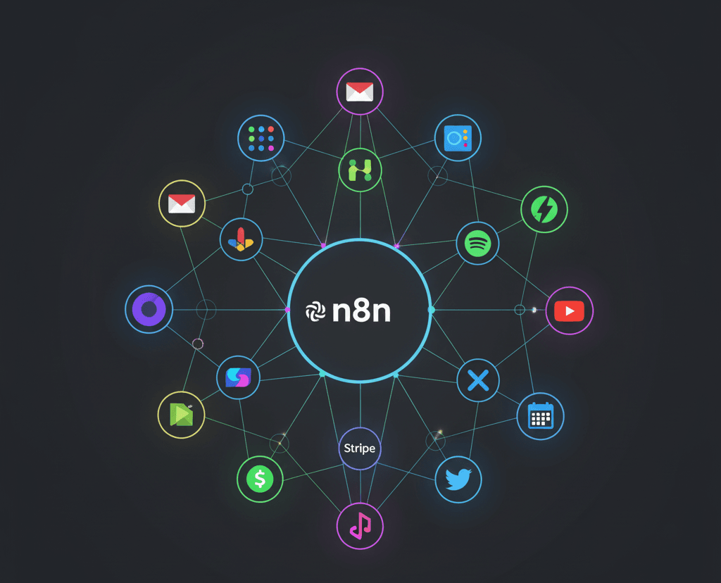 n8n hub diagram by Alfaz Mahmud Rizve showing multiple SaaS tools connected in one automation workflow