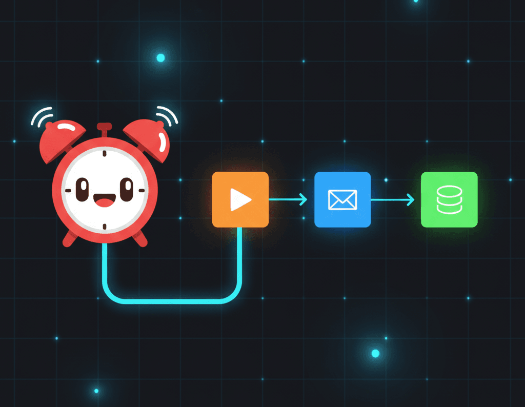 Trigger concept for n8n automation with alarm clock and workflow blocks, illustrated by Alfaz Mahmud Rizve.