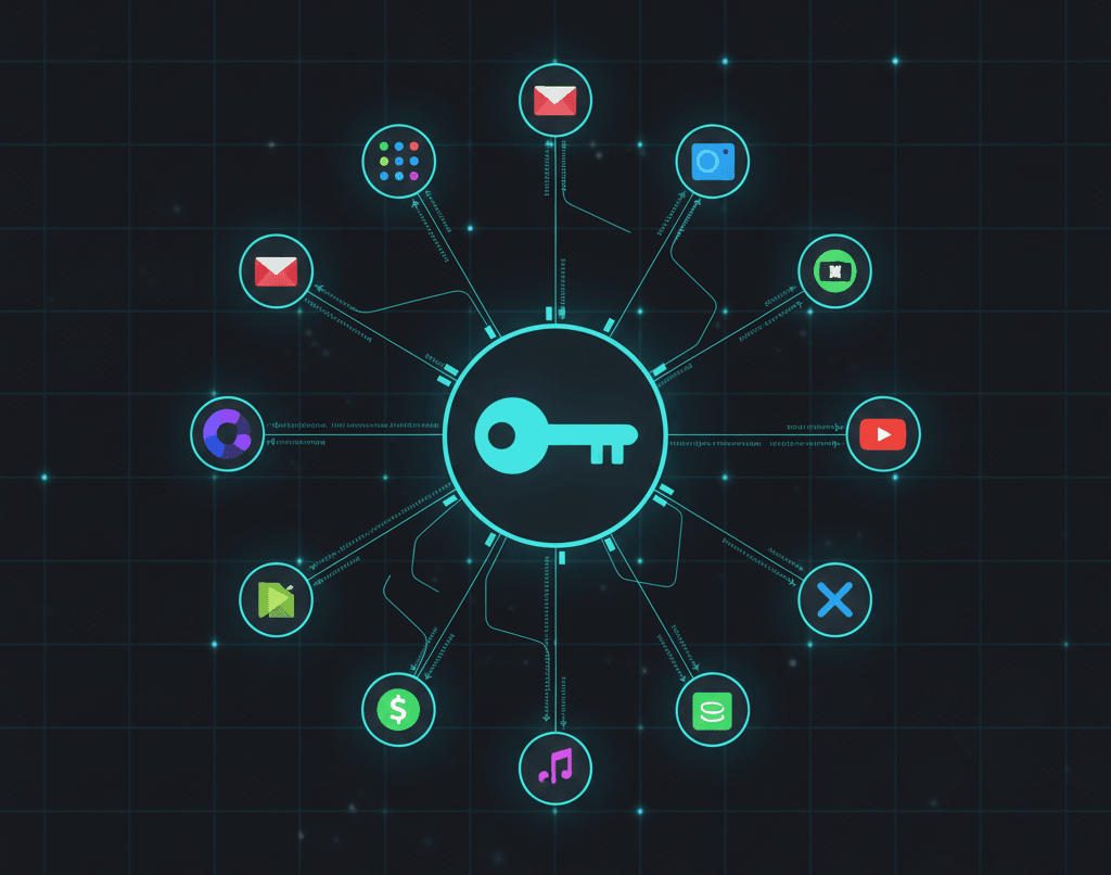 Shared credentials in n8n visualized as a secure key connecting apps, explained by Alfaz Mahmud Rizve.