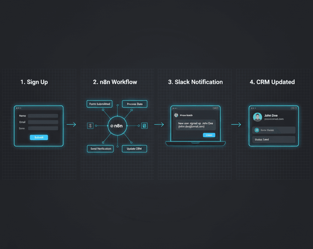 Storyboard of SaaS signup automated in n8n with Slack alert and CRM update, designed by Alfaz Mahmud Rizve.