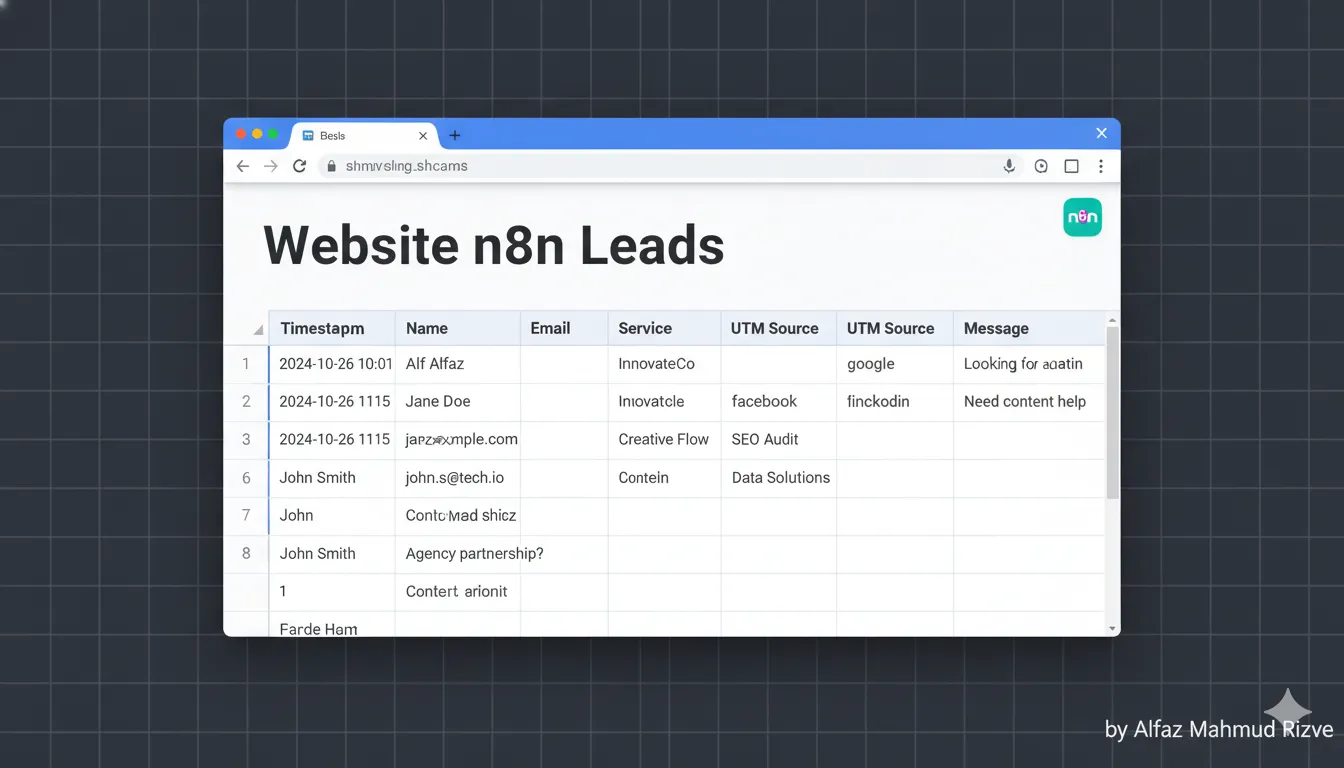 Google Sheets table used as a simple n8n lead CRM by Alfaz Mahmud Rizve, storing SaaS and agency website leads with fields like name, email, service, and UTM tracking synced from n8n automation