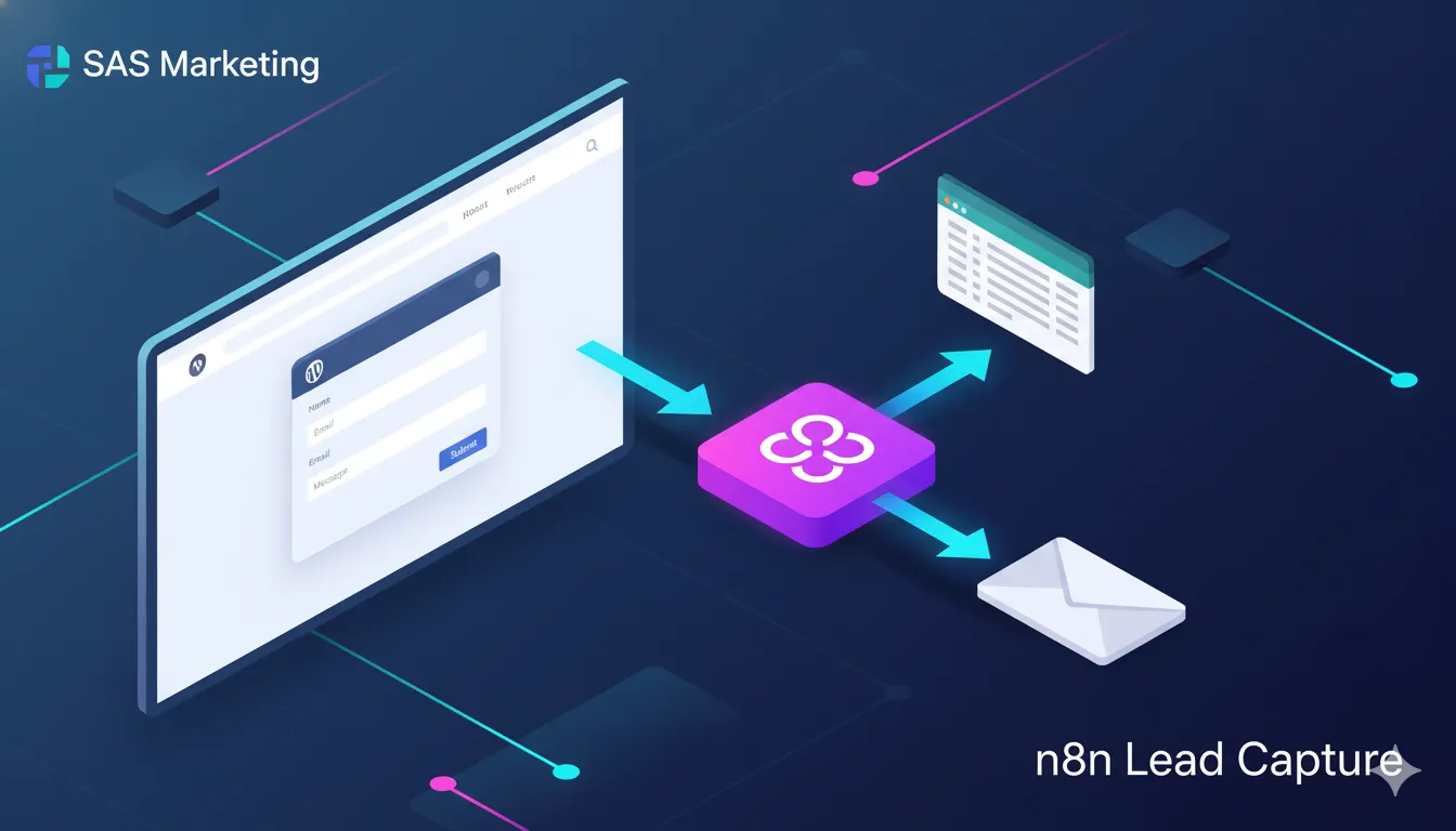 High-level diagram of an n8n lead capture system by Alfaz Mahmud Rizve showing a WordPress Elementor form sending SaaS and agency leads into Google Sheets and email notifications for reliable automation