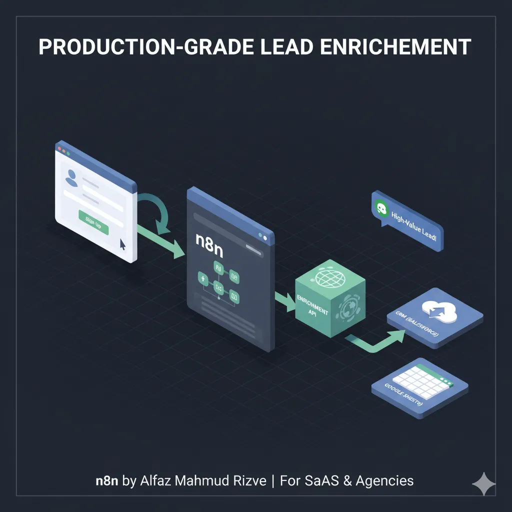 Isometric pipeline showing a user submitting a signup form, the data traveling through an n8n workflow into a lead enrichment API, then updating a CRM and sending Slack alerts for high-priority accounts. This visual created for whoisalfaz.me illustrates how Alfaz Mahmud Rizve structures production-ready lead enrichment with n8n for SaaS and agencies, connecting signup forms, enrichment services, and sales tools in a single automated system