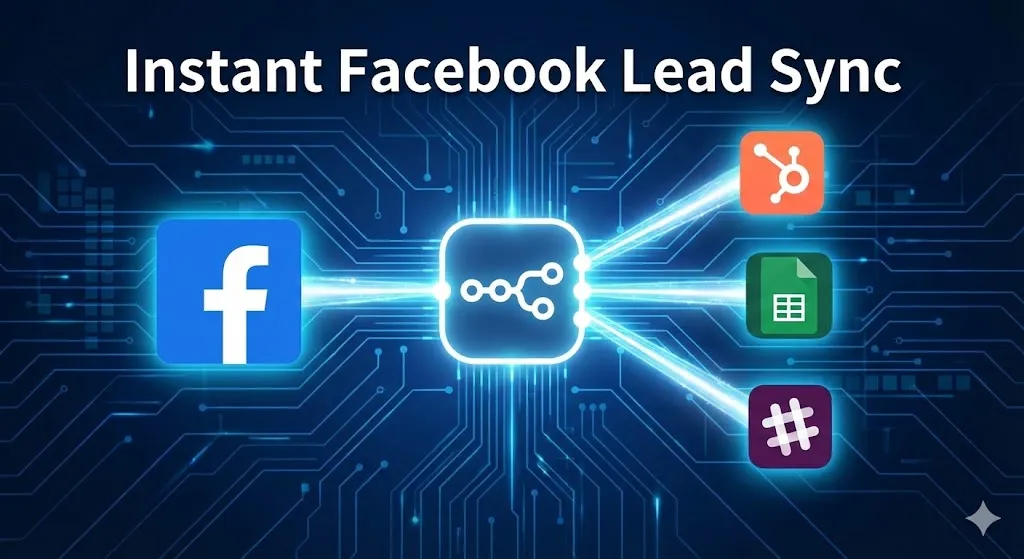 Facebook Lead Ads Automationn8n workflow diagram showing a Facebook logo connecting to a central n8n node, which then branches out to HubSpot, Google Sheets, and Slack icons, illustrating instant lead synchronization. The title "Instant Facebook Lead Sync" is at the top. Branded with whoisalfaz.me by Alfaz Mahmud Rizve