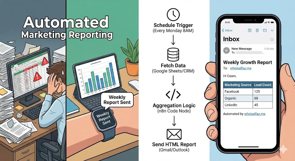 Comparison of manual spreadsheet chaos versus clean automated marketing reporting via email. Title reads '30 Days of n8n & Automation - Day 14'. Branded with whoisalfaz.me  by Alfaz Mahmud Rizve