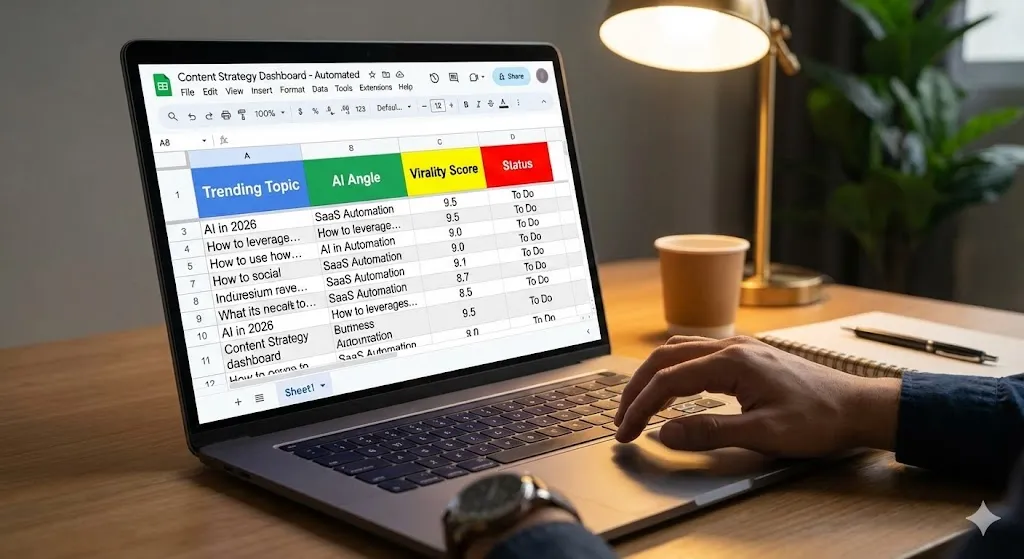 The final automated content research dashboard in Google Sheets showing AI-enriched topics by Alfaz Mahmud Rizve for agencies. Here is the complete blog post for Day 15, strictly adhering to your style guide, SEO requirements, and including all generated images in their correct positions.