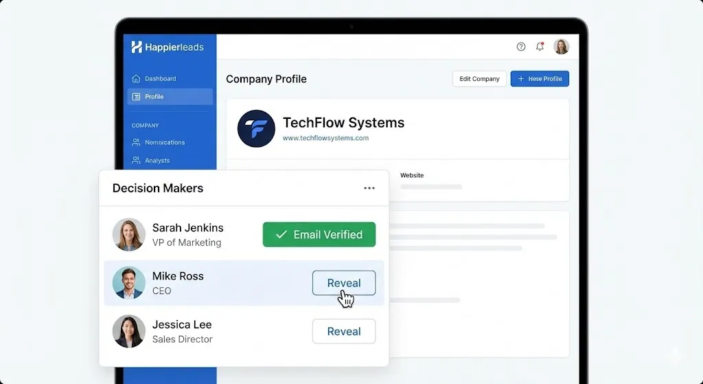 Happierleads dashboard showing the contact enrichment feature finding decision makers for identified companies.Happierleads webhooks to cold email drafts..by alfaz mahmud rizve at whoisalfaz.me