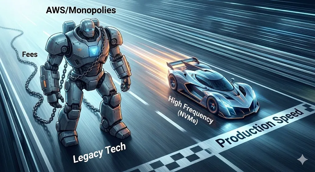 A metaphorical illustration comparing the slow, expensive infrastructure of cloud monopolies against the high-speed NVMe performance of Vultr for n8n production workflows, recommended by Alfaz Mahmud Rizve.