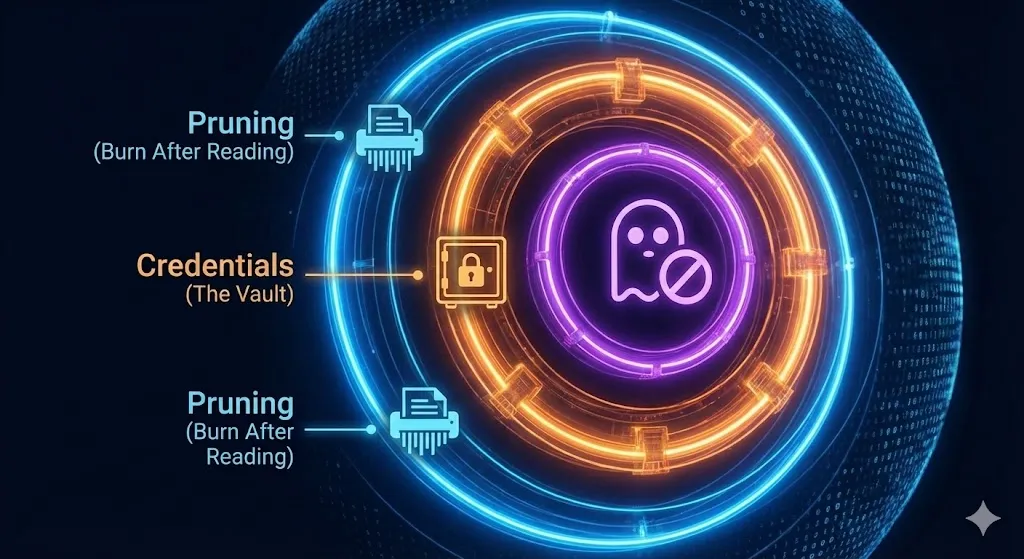A digital infographic of a multi-layered security shield showing three defense strategies: Data Pruning (shredder icon), Credential Vault (safe icon), and Ghost Mode (no-entry ghost icon) by alfaz mahmud rizve at whoisalfaz.me