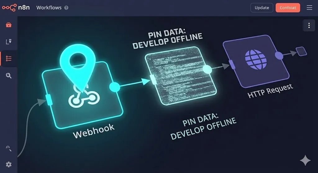 The 'Time Machine' (Pinning Data)" section. Alt Text: A close-up of the n8n workflow editor showing a Webhook node with a glowing 'Pin Data' icon, illustrating how to cache data and develop workflows offline ,alfaz mahmud rizve shared n8n tips and tricks 