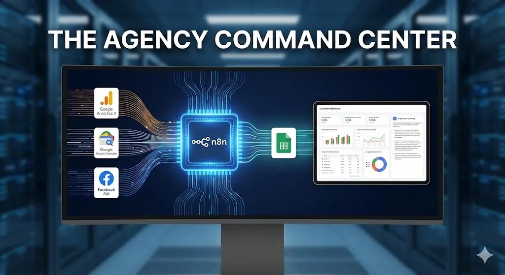 A visual architecture diagram showing how to automate n8n Google Analytics 4 reporting into a centralized dashboard, designed by Alfaz Mahmud Rizve.