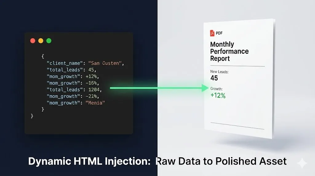automate client reporting with n8nSplit screen showing raw JSON data converting into a beautiful HTML PDF report via n8nby alfaz mahmud rizve at whoisalfaz.me