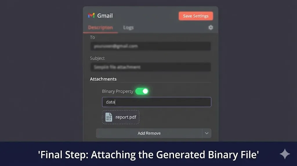 automate client reporting with n8n n8n workflow showing the email node with a binary file attachment configuration by alfaz mahmud rizve at whoisalfaz.me