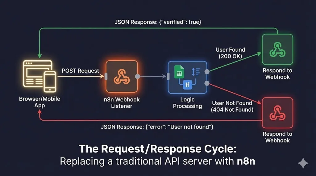 Architecture diagram showing a client sending a POST request to n8n, which processes logic and returns a JSON response. how to build an API with n8n