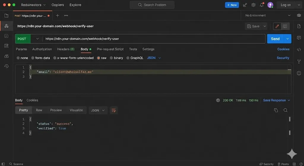 Postman interface showing a POST request to an n8n webhook and the successful JSON response. how to build an API with n8n